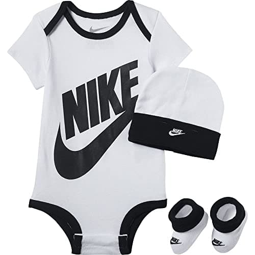 Image of NIKE Children's Apparel Baby Boys' Hat, Bodysuit and Bootie Three Piece Set Socks, White Sportswear, 6-12 Months