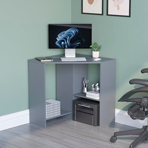 Image of Vida Designs Hetton Corner Computer Desk with Shelves, Home Office PC/Laptop Table, Gaming Study Workstation, Furniture, Grey