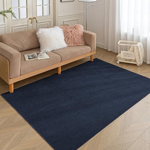 Image of HARESLE Navy Rugs for Living Room-80x150cm Low Pile Rug, Washable Non Slip Bedroom Rugs, Chenille Thin Short Pile Rug, Non-Shedding Indoor Mat, Bedside Lounge Kitchen Office Area Carpet(Navy Blue)