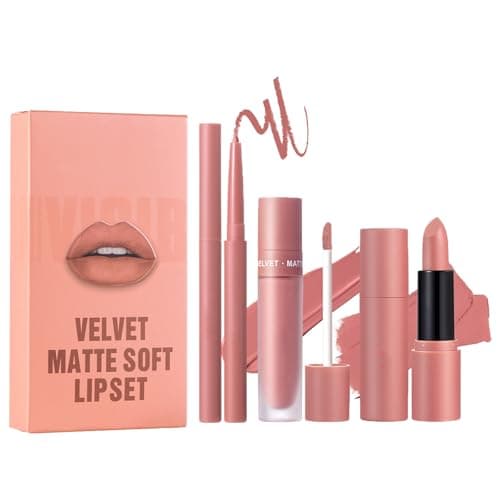 Image of Matte Lipstick Set - 3PCS Nude Lipstick Long Lasting Lipliner Pencil - All-IN-One Lip Filler Lip Gloss Liquid Lip Stick Kit - Lip Liner Set Lip Makeup Kits for Women Girls Daily Makeup
