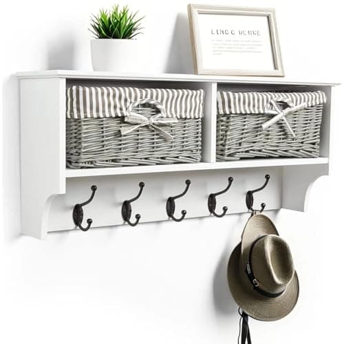 Image of Taylor & Brown Wall Mounted Coat Rack – White Shelf with 2 Grey Wicker Baskets & 5 Double Hooks – Hallway Storage & Entryway Organiser for Coats, Bags & Scarves