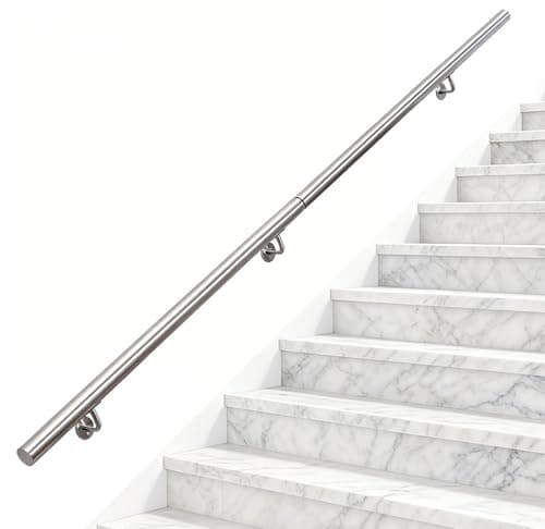 Image of Stainless Steel Handrail Stair Handrail Magtctyae 2M/6.6FT Handrail for Stairs Banister Rail Support Kit Indoor Outdoor Wall Mounted Stair Railing with Brackets Staircase Handrail Chrome Silver