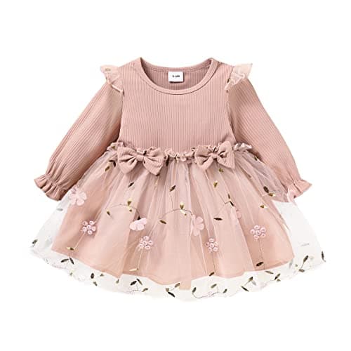 Image of Toddler Kids Baby Girls Long Sleeve Ruffled Bowknot Princess Dresses Floral Print Wedding Party Dresses Fall Dress Set Pink 18-24 Months