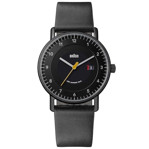 Image of Braun Mens 3-Hand with Solar Powered Date Analogue Quartz Watch, Black Dial, Leather Strap and Stainless Steel Case, 40mm, Model BN0301BKBKG