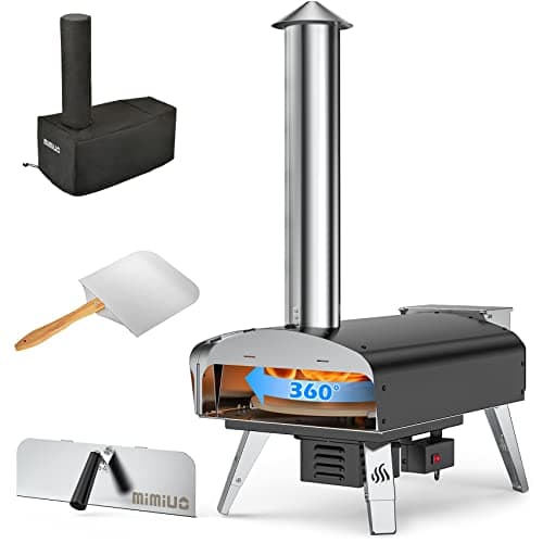 Image of Mimiuo Portable Wood Pellet Grill with Automatic Rotating System, Black Outdoor Wood-Fired Oven Kit with 33cm Pizza Stone & Foldable Pizza Peel for Garden