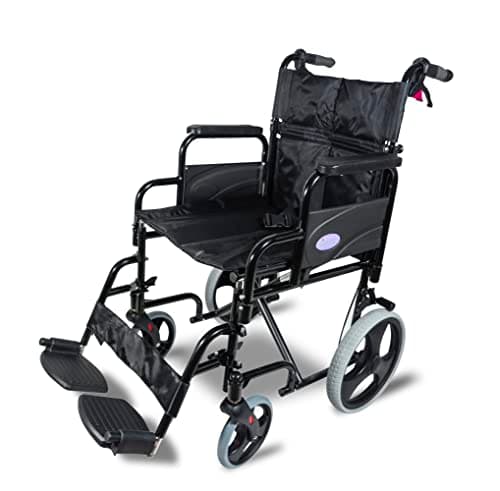 Image of Aidapt Folding Lightweight Attendant Propelled Steel Wheelchair with 18" Seat, Twin Brakes, Lap Strap, Padded Upholstery, Removable Foot Rests and Side Panels for Privacy. Indoors and Outside