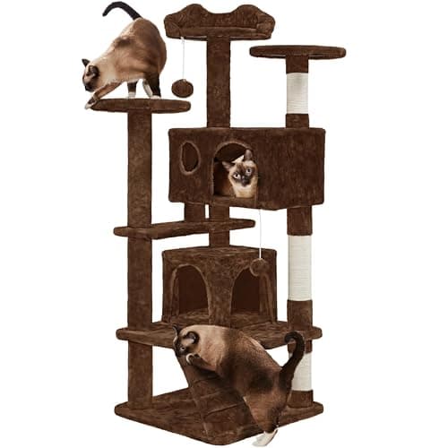 Image of Yaheetech Cat Tree, 138.5cm Climbing tower w/Cat-ear Shaped Platform, 2 Wide Condos, 2 Fur Balls, Kitten Scratching Posts for Indoor Pets