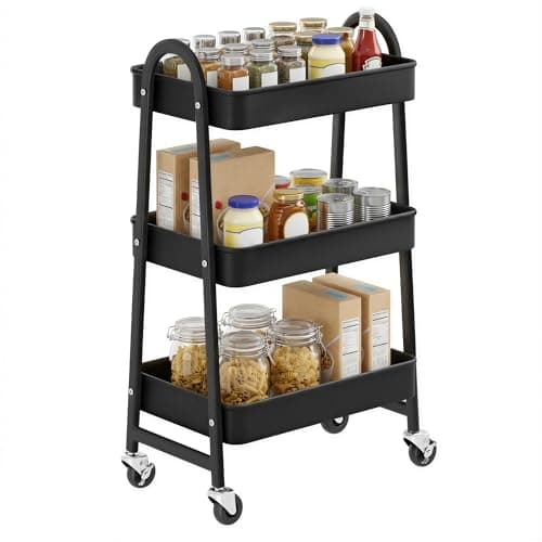 Image of SONGMICS 3 Tier Rolling Cart Metal Serving Trolley Kitchen Trolley Kitchen Shelf with Handles 2 Brakes Easy Assembly for Painting Supplies Bedroom Laundry Room Black BSC068B01