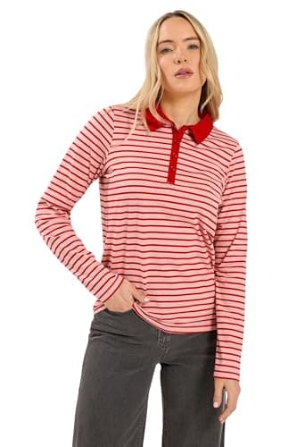 Image of Long Tall Sally - LTS Tall Red & Stripe Polo Cotton T-Shirt - Women's