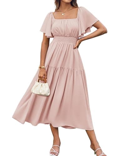 Image of GRACE KARIN Women's Summer Ruffle Sleeve Smocked Dress Elegant Square Neck Chiffon Beach Dresses Pink M