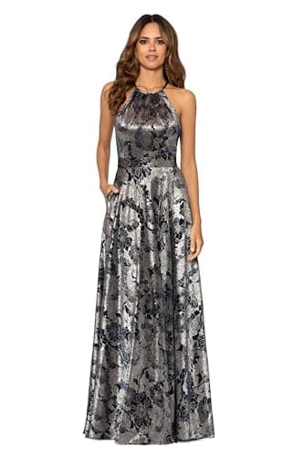 Image of Betsy & Adam Women's Long Sleeveless Halter Metallic Print Wrap Overlay Gown, Navy/Gunmetal, 6