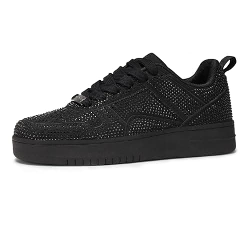 Image of LUCKY STEP Women Fashion Sparkle Rhinestone Sneakers White Leather Low Top Tennis Shoes Lace Up Casual Comfortable Walking Shoe (Black Rhinestone, 11US-42EU-9UK)