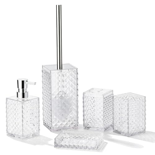 Image of YAUKPH Acrylic 5-Piece Bathroom Accessory Set - Includes Soap Dispenser, Toothbrush Holder, Cup, Soap Dish, and Toilet Brush,for Elegant Bathroom Decor (Clear)