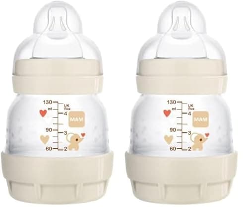 Image of MAM Easy Start Self Sterilising Anti-Colic Bottle (1 x 130 ml), Baby Bottle with Slow Flow MAM Teat Size 0, Newborn Essentials, Cream (Designs May Vary) (Pack of 2)
