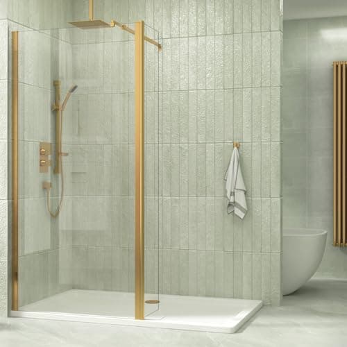 Image of Brushed Brass 760mm Wet Room Walk in Shower Screen with 300mm Flipper Panel + 8mm Clear Easy Clean Safety Tempered Glass Panel & Stainless Steel Support Bars Shower Enclosure Cubicle 1850mm Height