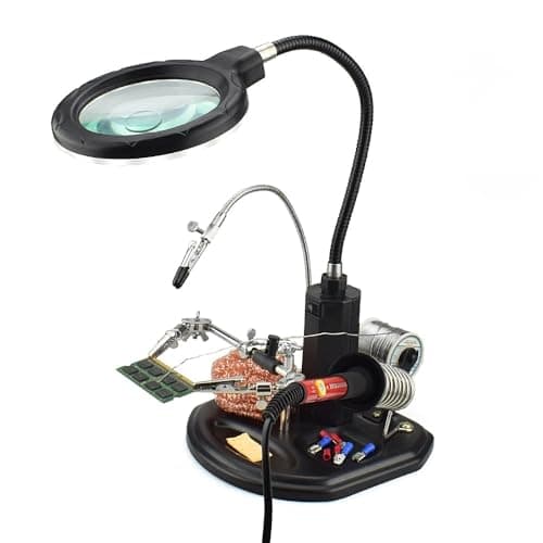 Image of MMOBIEL LED Light Helping Hand Magnifier Station for Soldering, Assembly, Repair,Modeling, Hobbies and Crafts - 2.5X /4X LED Light - Hands-Free Magnifying Glass Stand - Incl. Clamp and Alligator Clips