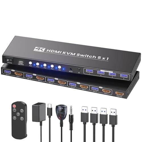 Image of HDMI KVM Switch 1 Monitor 5 Computers, 4K60Hz USB 3.0 5 Port KVM Switch for 5 Computers Share 1 Set of Keyboard, Mouse and 1 Monitor