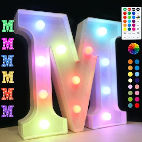 Image of Light Up Colorful LED Marquee Letter Lights, 18 Colors Changing Alphabet Letters Sign with Remote Timer for Night Light Wedding Birthday Party Lamp Christmas Home Bar Decor- Colorful M