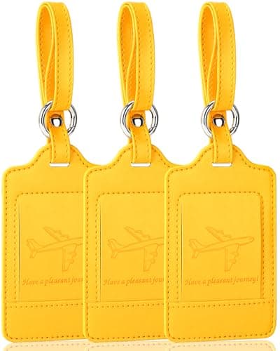 Image of Teskyer 3 Pack Luggage Tags for Suitcases, Luggage Labels, Travel Tags for Luggage, Strong, PU Leather, Durable, Noticeable, Travel Accessories, Yellow