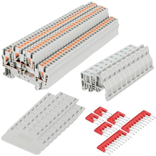 Image of Saysurey DIN Rail Terminal Block Twin Spring Terminal Connectors Push in Type PT Screwless Wire Wiring Connector with 10 Covers 10 End Stops 6 Jumpers (ST2-2.5/2-2, 56 Pcs)
