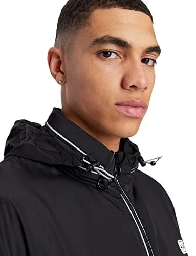 Image of Armani Exchange Men's packable, hidden hoodie, two zip pockets on front, rubber patch logo windbreaker, black, L