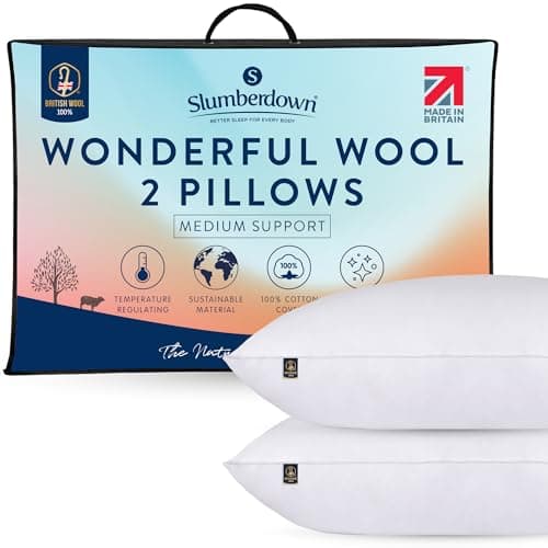 Image of Slumberdown 100% British Wool Pillows 2 Pack - Naturally Cooling & Moisture-Wicking for Hot Sleepers, Luxury Back & Side Sleeper Bed Pillows - Hypoallergenic Cotton Cover, UK-Made (48 x 74cm)