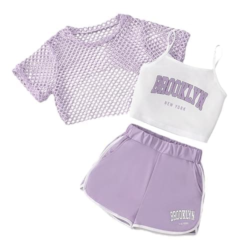 Image of Generisch Summer Outfits for Girls 3 Piece Set Casual Loose Fit Sleeveless Top Shorts Combination for Outdoor Activities 8-14 Comfortable Breathable Playwear, purple, 9-10 Years