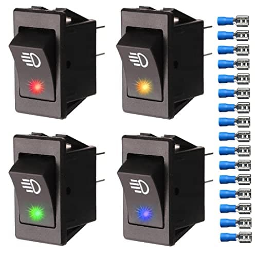 Image of Gebildet 4pcs Car Auto Rocker Toggle Switch, 4pin ON-OFF LED Indicator for Fog Lights, DRL, Light Bar + 16pcs Connection Terminals (12VDC/35A, Red Blue Green Yellow)