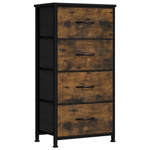Image of YITAHOME Chest of Drawer with 4 Drawers for Bedroom Fabric Dresser Storage Drawers With Handles Metal Frame for Living Room, Hallway,Rustic Brown