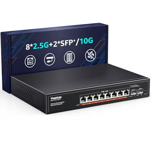 Image of YuanLey 10 Port 2.5G PoE Switch Unmanaged, 8 x 2.5G Base-T PoE Ports, 2X 10G SFP, IEEE802.3af/at, 120W, Compatible with 100/1000/2500Mbps, Metal Fanless, Desktop/Rack Mount 2.5Gbe Network Switch