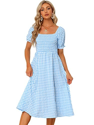 Image of Allegra K Smocked Dress for Women's Puff Sleeve Casual Checks Gingham Dresses Light Blue M