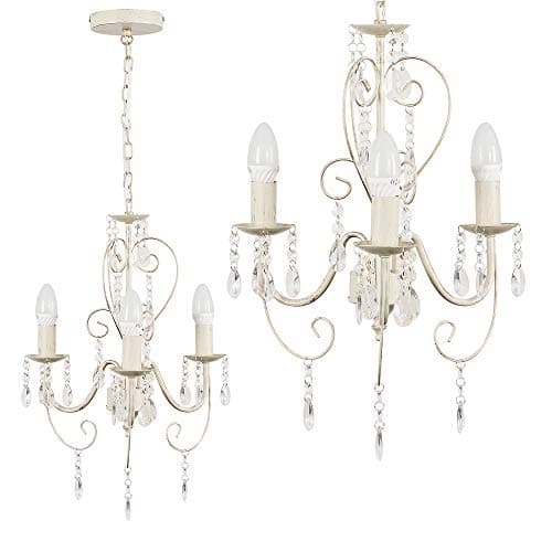 Image of MiniSun | Cream Ornate 3 Way Ceiling Light Chandelier with Beautiful Acrylic Jewels | Chandelier, Home Décor Essential | Includes 4W LED E14 Light Bulb with 3000K Colour Temperature | Mains Wired