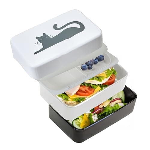 Image of Premier Housewares Durable Cat Lunch Box With Cutlery| Stylish Multi Compartments Bento Box For Travelling | Portable Lunch Box With Two Compartments For Kids School, Offices