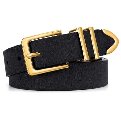Image of JASGOOD Women Suede Belt with Gold Buckle Fashion Ladies Casual Waist Belt for Jeans Pants Dresses, Black, Fit Waist Size 25-31"