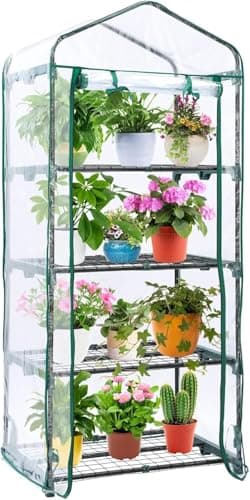Image of LATERN 4 Tier Mini Greenhouse, 160CM x 70CM x 50CM Small Greenhouse Shelves Frame and Clear Weatherproof PVC Cover with Roll-Up Zipper Door for Plants Cold Frost Protection Wind Rain Proof