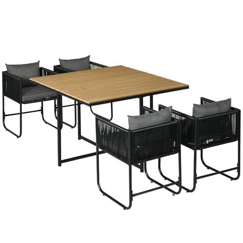 Image of Outsunny 4 Seater Rattan Cube Garden Furniture Set, Rattan Dining Set with Cushions, Outdoor Dining Table and Chairs with Rectangular Wood Grain Plastic Top Table for Patio, Balcony, Black