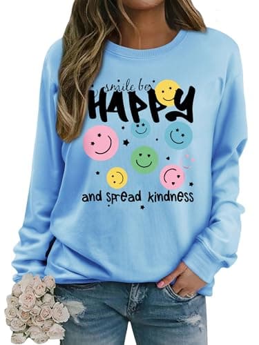 Image of Dresswel Womens Sweatshirt Vintage Funny Smile Face Graphic Print Crewneck Long Sleeve Tops Ladies Pullover Basic Cotton Jumpers Blouse (Light Blue, L)