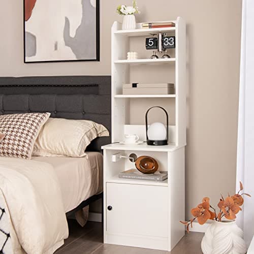 Image of CASART Bedside Table with Charging Station, Wooden Nightstand with USB Port, Cabinet & Adjustable Shelves, Tall Bedside Cabinet End Table for Living Room Bedroom, 45 x 36 x 140cm (White)