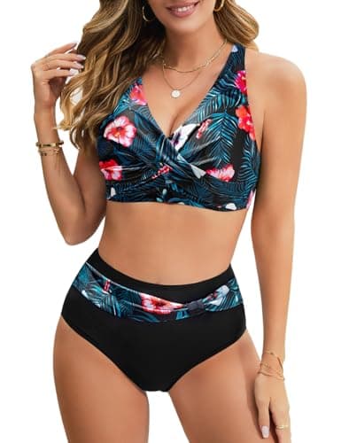 Image of UMIPUBO Swimsuits for Women High Waisted Bikini Sets Padded Two Piece Tummy Control Swimwear Bikini Top with V Cross Ladies Swimming Costume Plus Size Bathing Suits Beachwear (Blue Floral, L)
