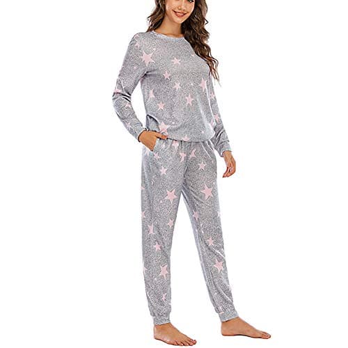 Image of Chiatai Womens Pyjamas Set Long SleeveCasual Soft Cotton Sleepwear Star Print Nightwear Pjs Lounge Sets Pink Stars S