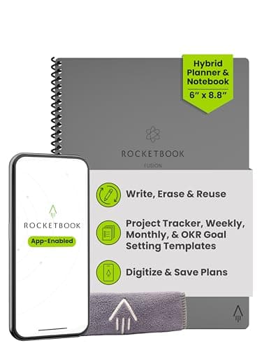 Image of Rocketbook Fusion Reusable Digital Notebook - Smart Notepad A5 Grey, 7 Styles, To Do List, Daily Journal, Weekly & Monthly Planner, with Frixion Erasable Pen, Office Gadget Reduces Paper Waste