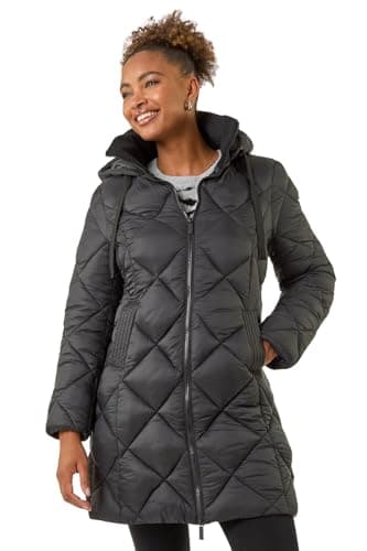 Image of Roman Padded Coat for Women UK - Ladies Longline Puffer Winter Quilted Parka Waterproof Rainproof Wind Resistant Thermal Jacket Long Length Warm Zip Hood Puffa Cosy - Black - Size 10
