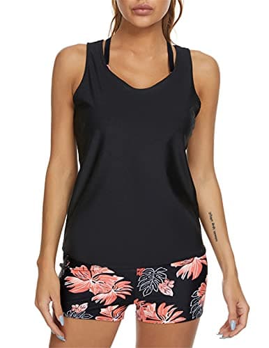Image of JASAMBAC Bathing Suits for Women Tummy Control Retro Leaf Floral Printed Sport Athletic Swimsuits Black M