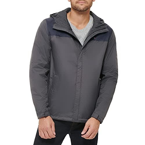 Image of Tommy Hilfiger Men's Legacy Lightweight Breathable Waterproof Hooded Rain Jacket, Charcoal/Navy Colorblock, S