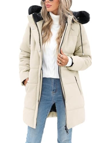 Image of RITOSTA Women's Long Winter Coats Ladies Quilted Jacket Zip up Fleece Lined Coat Thicken Padded Puffer Parka Longline Hoodies Padded Coats with Faux Fur Removable Hood for Outdoor Sport (Beige,L)