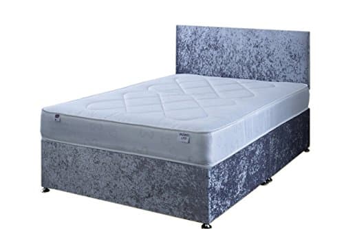 Image of 2FT6 Small Single Silver Crushed Velvet Divan Bed Set Including Deep Quilt Mattress And Headboard