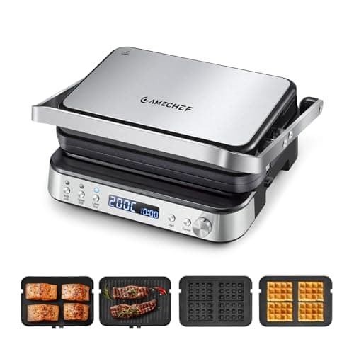 Image of AMZCHEF 4-in-1 Electric Grill, Panini Press Grill, Waffle&Sandwich Toaster, Opens 180° with 4 Non-stick Coated Plates, Adjustable Temperature, LED Indicator, Cool Touch Handle, 2000W - Silver