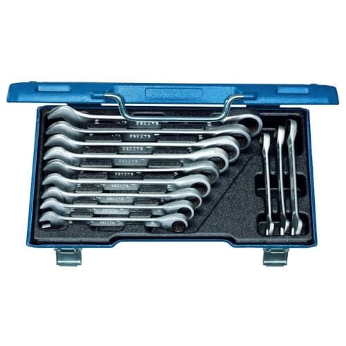 Image of GEDORE Open-ended spanner set with ring ratchet, 12-pc. Set, AF 8-19 mm, Flat, Spanner set, 7 R-012, Silver