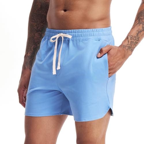 Image of Amy Coulee Mens Gym Shorts 5 Inch Cotton Running Casual Sports Shorts with Pockets (Blue, L)