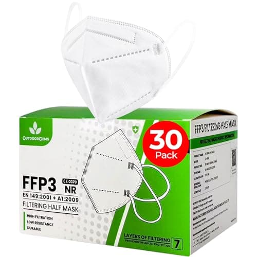 Image of OutdoorGems FFP3 Face Masks - Pack of 30 – UK Certified EN149:2001+A1:2009, 7-Layer Disposable Respirator Safety Masks ≥99% Filtration, Individually Wrapped, Dust Protection for Work & Construction